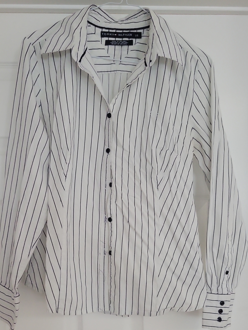 Tommy Hilfiger Women's White Black Pinstripe Button-Up Shirt